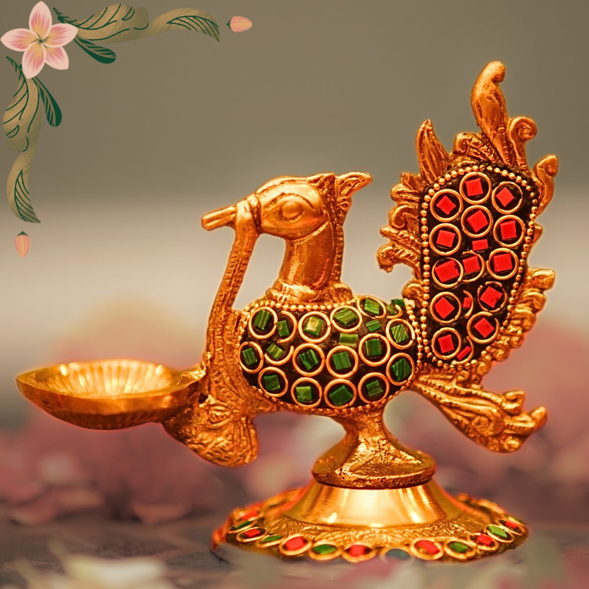 Peacock Diya with Stone Work