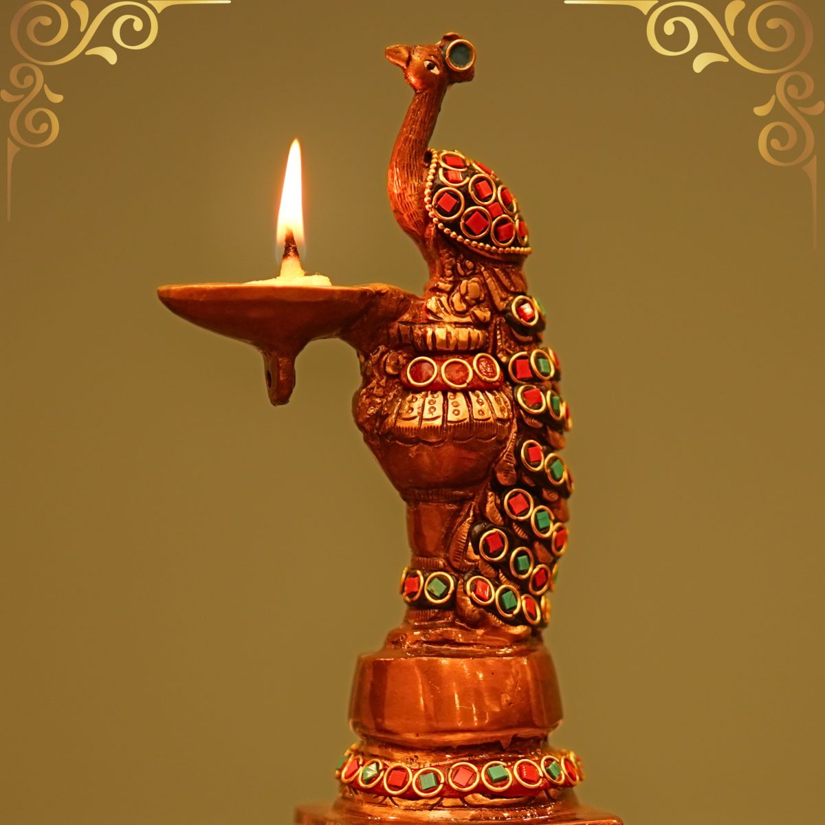 Peacock Diya with Stone Work Tall