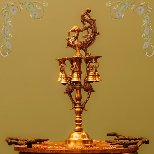 Peacock with 7 Diya and bells on Stand